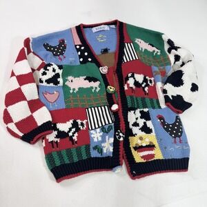 Vintage BellePointe Sweater Cardigan Womens XL Farm Barn Pig Cow Sheep Novelty
